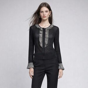 Vintage Anne Fontaine Cardigan US S Black SHEER  Ruffle Trim French Preppy Knit